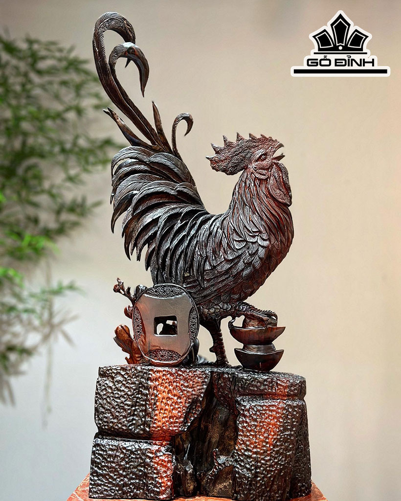 Tượng Gà Trống Gỗ Trắc Cao 58 Ngang 25 Sâu 14 (cm)