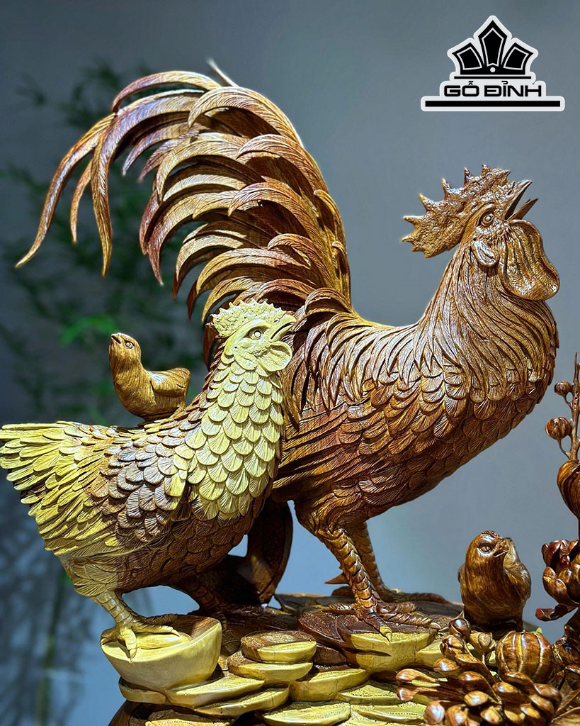 Tượng Gia Đình Gà Gỗ Nu Hương Cao 80 Ngang 60 Sâu 39 (cm)
