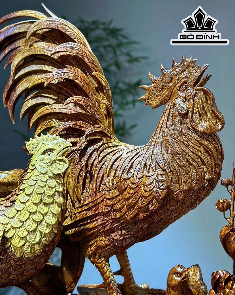 Tượng Gia Đình Gà Gỗ Nu Hương Cao 80 Ngang 60 Sâu 39 (cm)