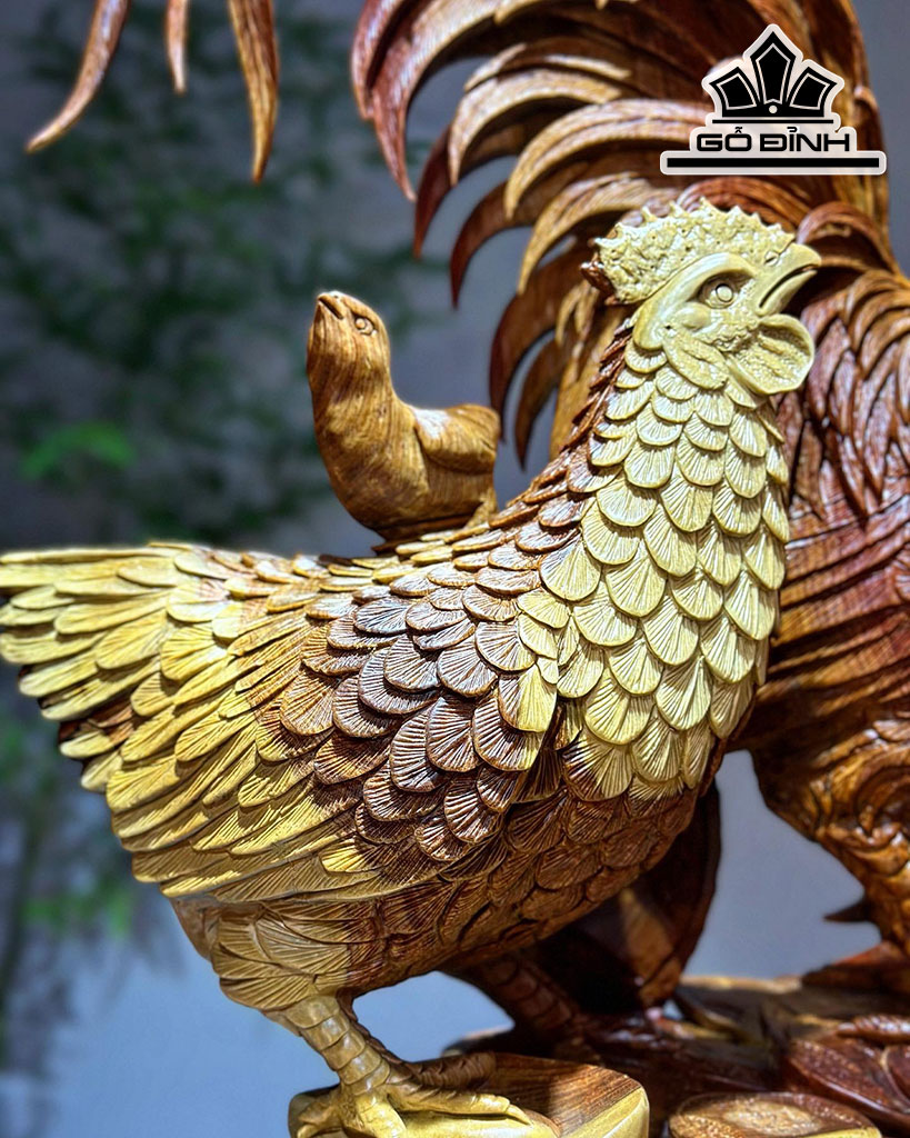 Tượng Gia Đình Gà Gỗ Nu Hương Cao 80 Ngang 60 Sâu 39 (cm)