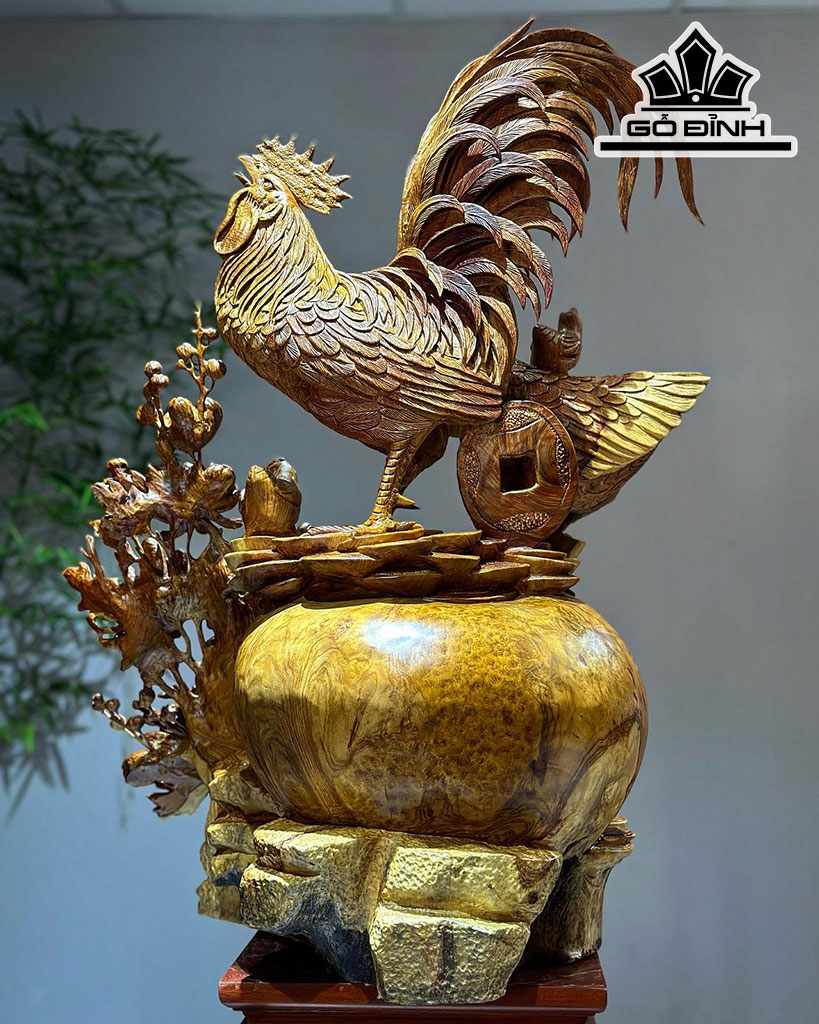 Tượng Gia Đình Gà Gỗ Nu Hương Cao 80 Ngang 60 Sâu 39 (cm)