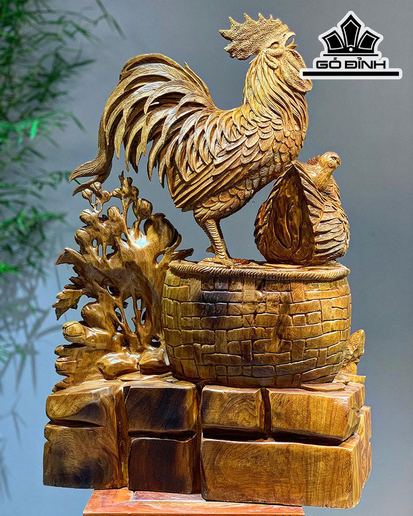 Tượng Gia Đình Gà Gỗ Ngọc Am Cao 75 Ngang 50 Sâu 24 (cm)