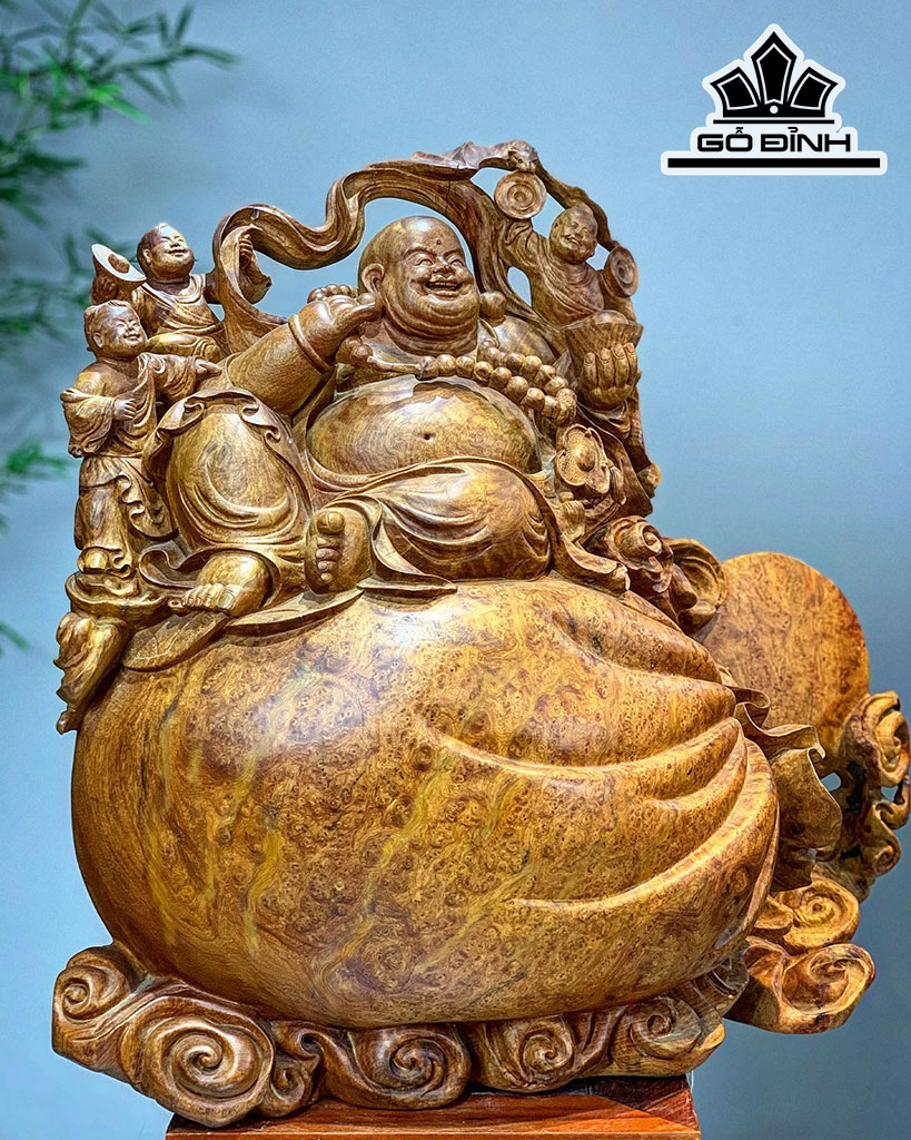 Tượng Phật Di Lặc Ngồi Bao Tiền Gỗ Nu Hương Ngang 58 Cao 60 Sâu 27 (cm)