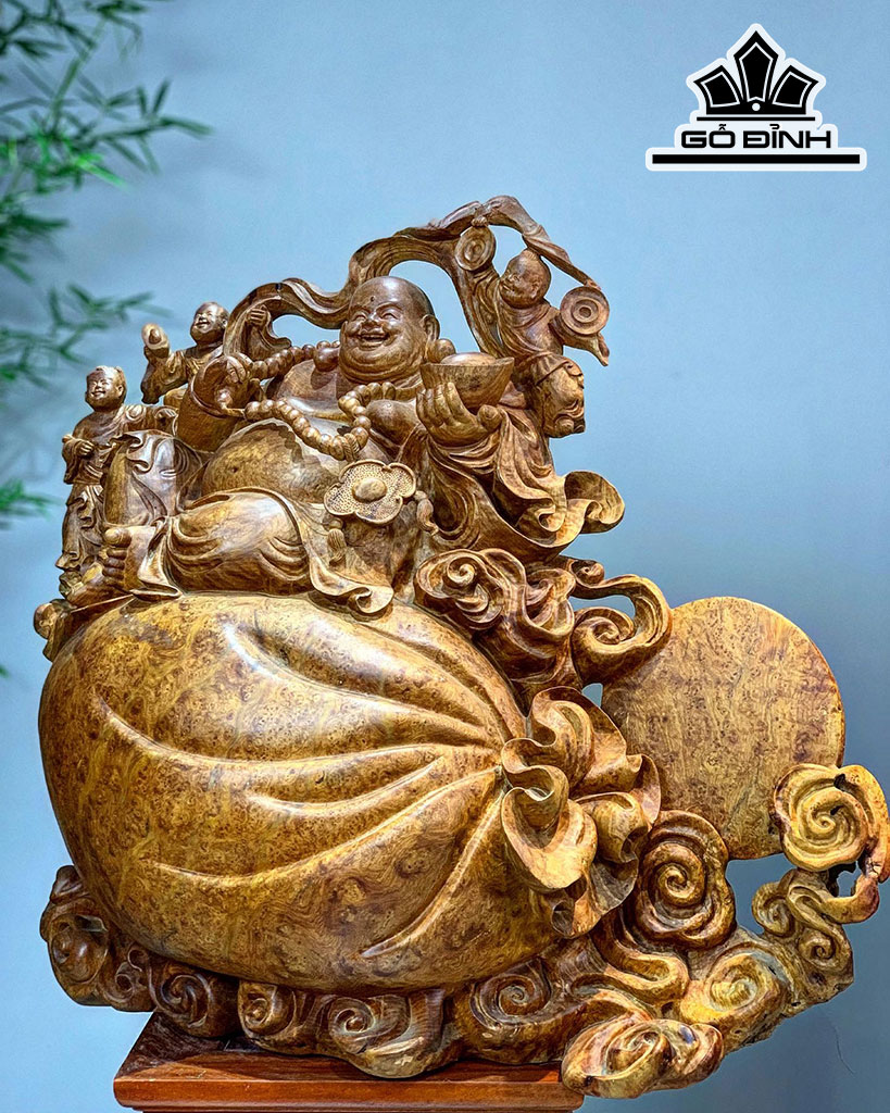 Tượng Phật Di Lặc Ngồi Bao Tiền Gỗ Nu Hương Ngang 58 Cao 60 Sâu 27 (cm)