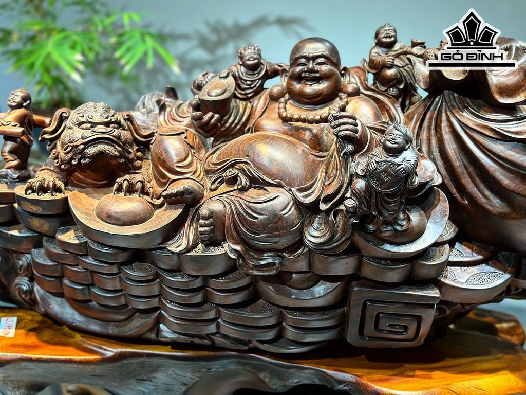 Tượng Phật Di Lặc Ngũ Phúc Gỗ Trắc Cao 40 Ngang 92 Sâu 30 (cm)