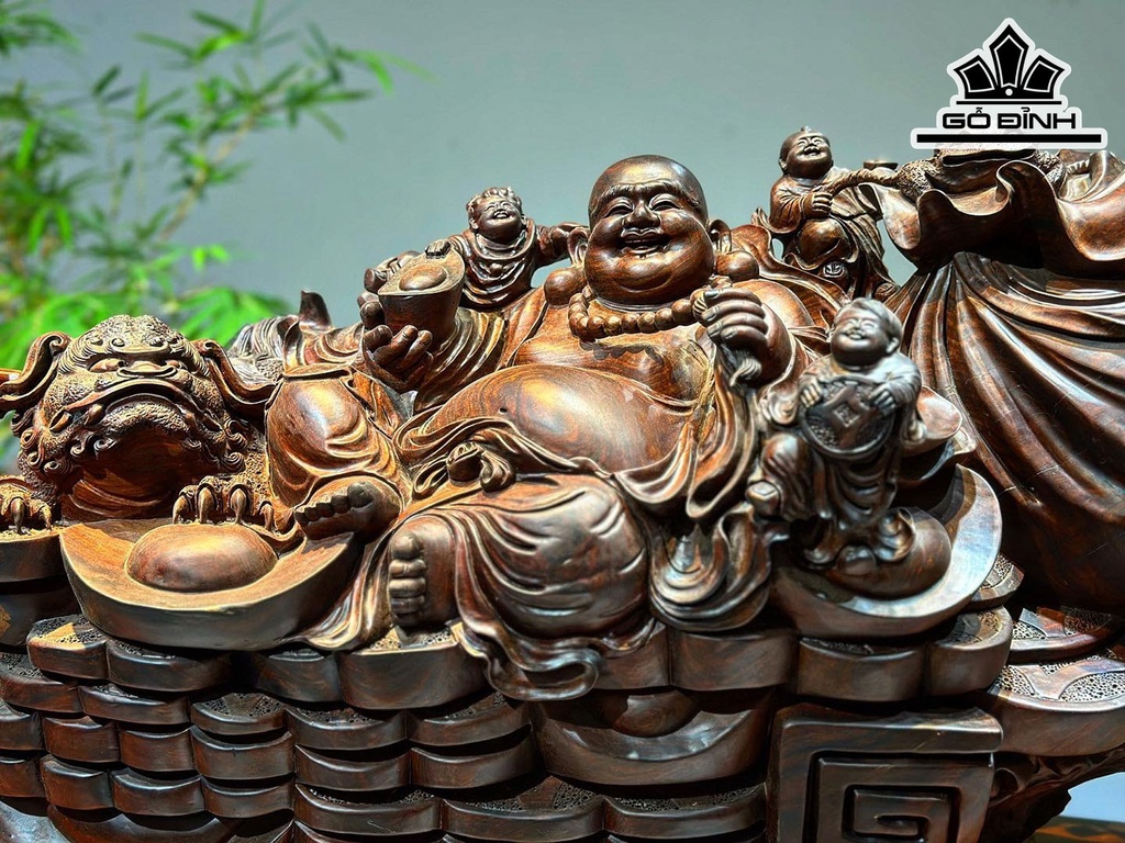 Tượng Phật Di Lặc Ngũ Phúc Gỗ Trắc Cao 40 Ngang 92 Sâu 30 (cm)