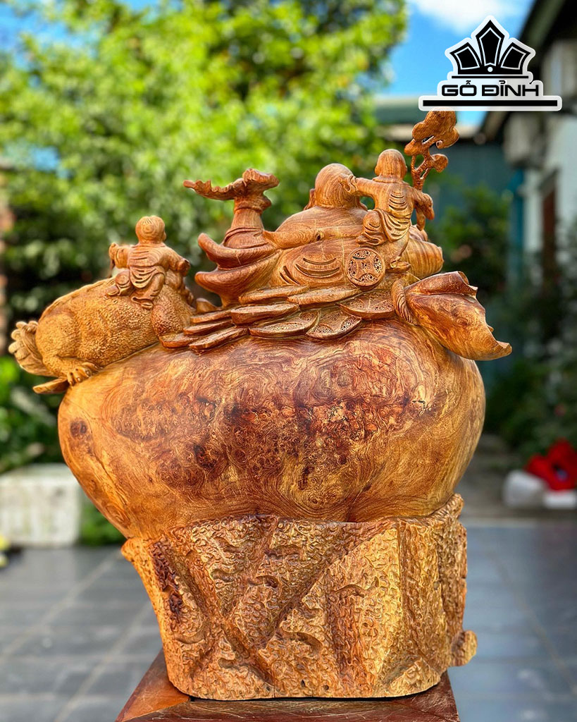 Tượng Phật Di Lặc Tam Phúc Gỗ Nu Hương Cao 52 Ngang 48 Sâu 24 (cm)