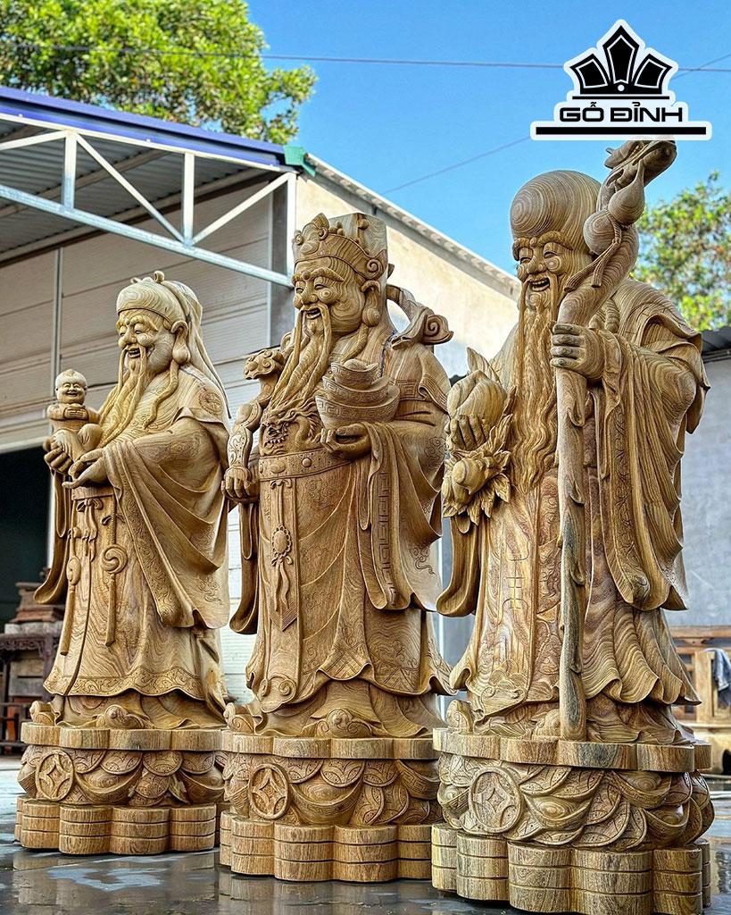 Tượng Phúc Lộc Thọ (Tam Đa) Gỗ Cẩm Vàng Cao 180 Ngang 68 Sâu 65 (cm)