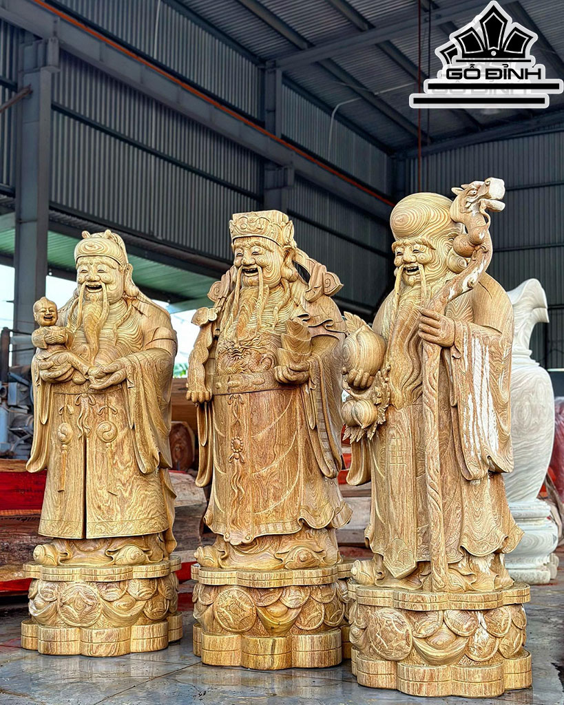 Tượng Phúc Lộc Thọ (Tam Đa) Gỗ Cẩm Vàng Cao 200 Ngang 68 Sâu 65 (cm)