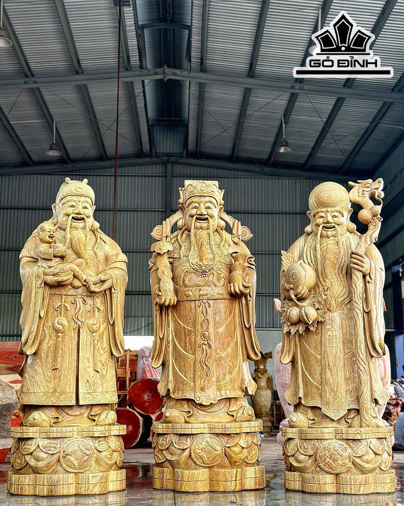 Tượng Phúc Lộc Thọ (Tam Đa) Gỗ Cẩm Vàng Cao 200 Ngang 68 Sâu 65 (cm)