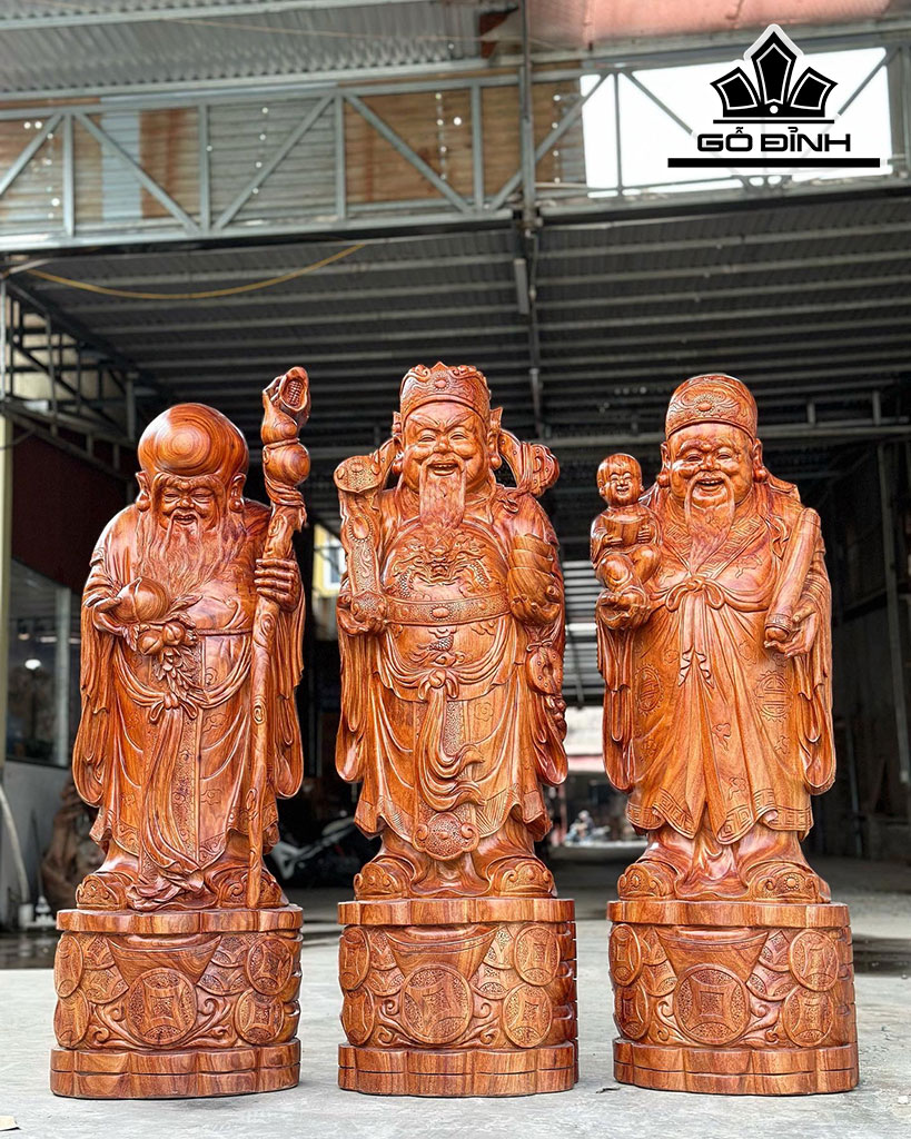 Tượng Phúc Lộc Thọ (Tam Đa) Gỗ Trắc Cao 128 Ngang 38 Sâu 33 (cm)
