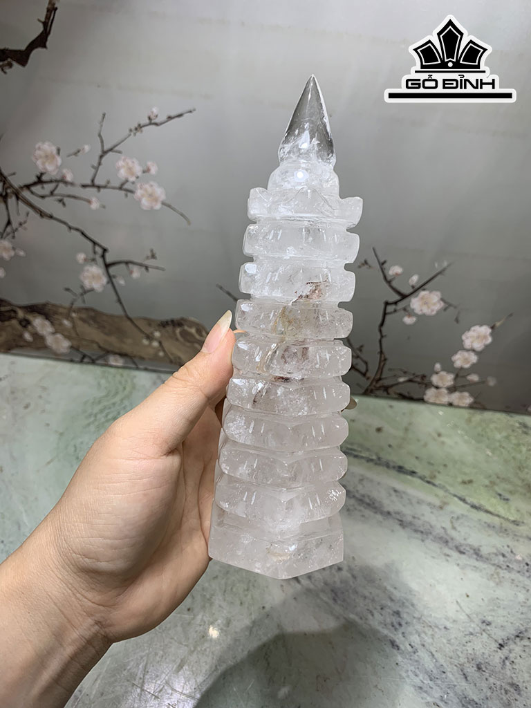 Tháp Văn Xương Đá Thạch Anh Trắng Cao 18 Ngang 5 (cm) 0,6kg