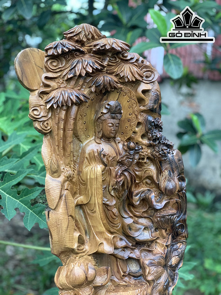 Tượng Phật Bà Quan Âm Gỗ Bách Xanh Cao 71 Ngang 35 Sâu 15 (cm)
