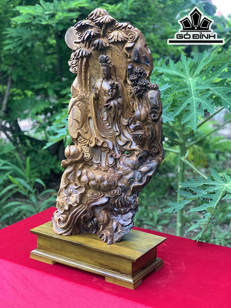 Tượng Phật Bà Quan Âm Gỗ Bách Xanh Cao 71 Ngang 35 Sâu 15 (cm)