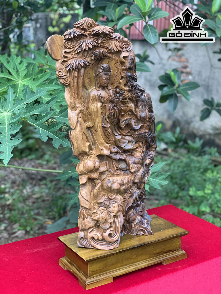 Tượng Phật Bà Quan Âm Gỗ Bách Xanh Cao 71 Ngang 35 Sâu 15 (cm)