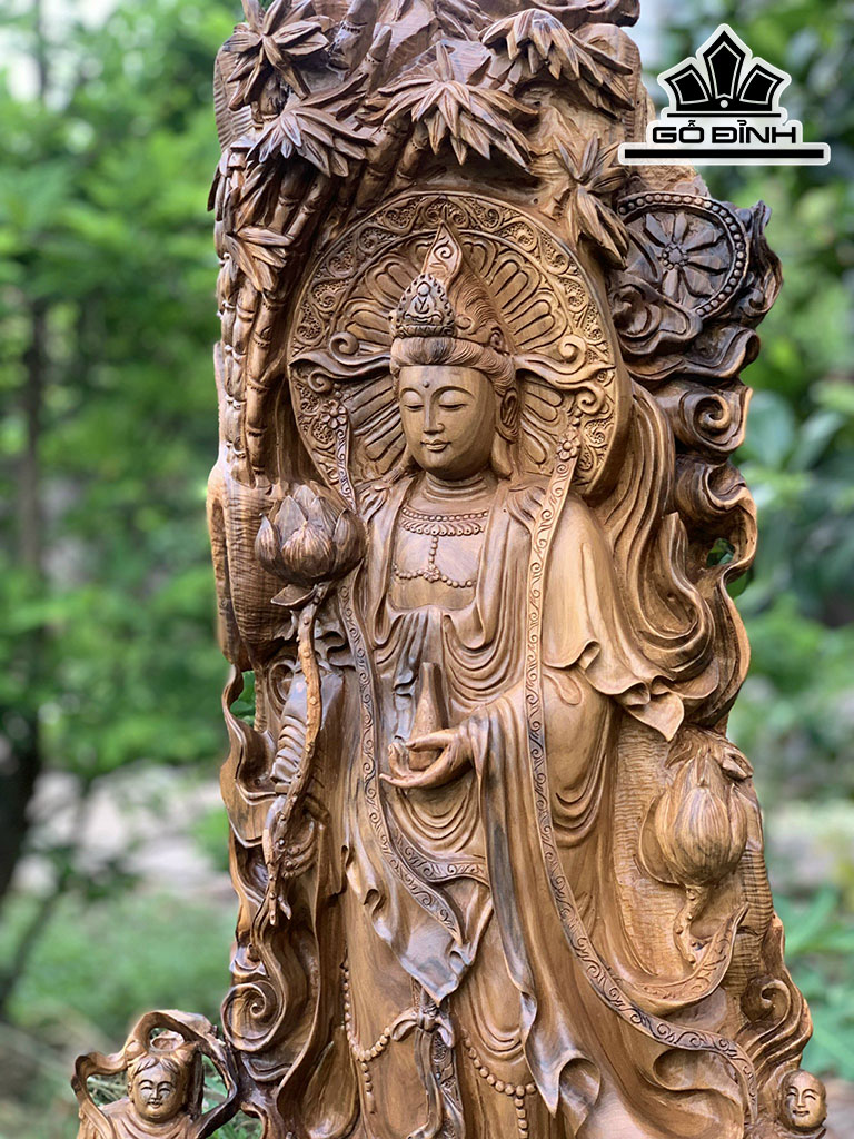 Tượng Phật Bà Quan Âm Gỗ Bách Xanh Cao 90 Ngang 47 Sâu 28 (cm)