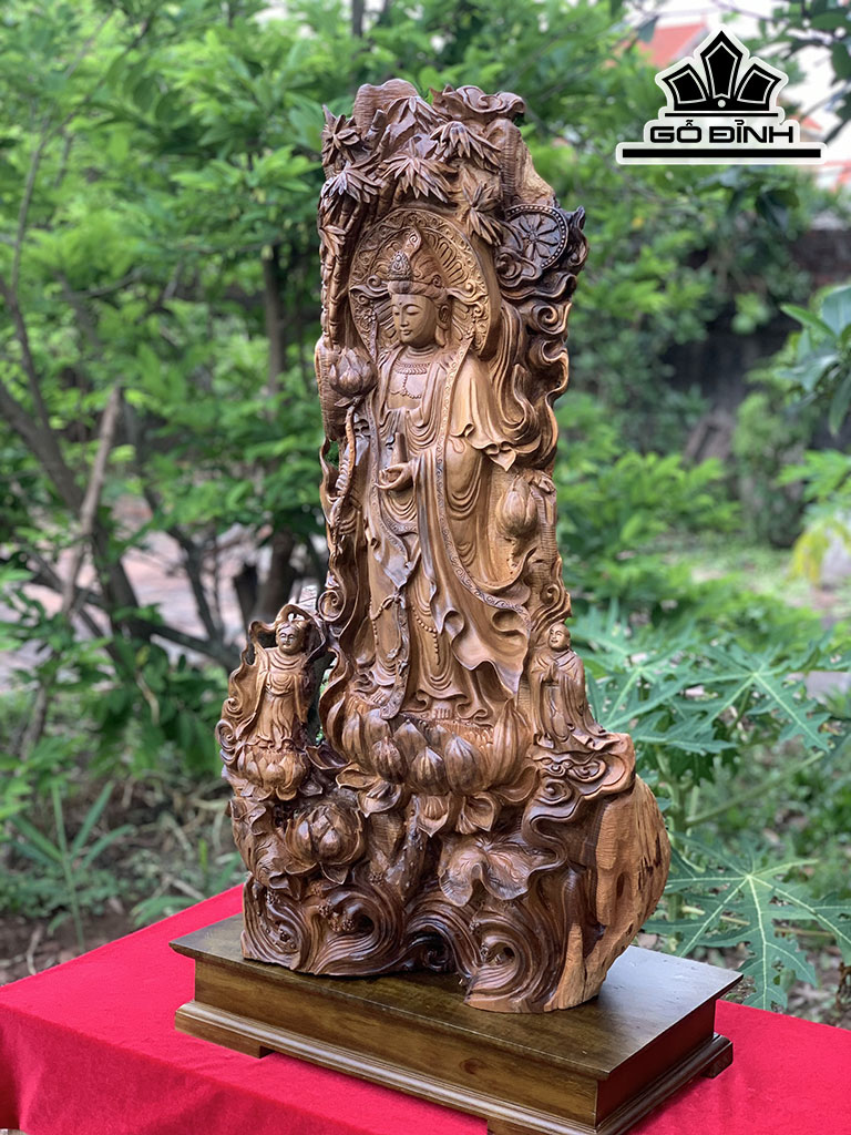 Tượng Phật Bà Quan Âm Gỗ Bách Xanh Cao 90 Ngang 47 Sâu 28 (cm)