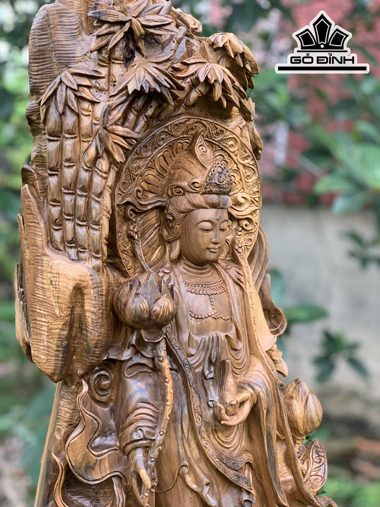 Tượng Phật Bà Quan Âm Gỗ Bách Xanh Cao 90 Ngang 47 Sâu 28 (cm)