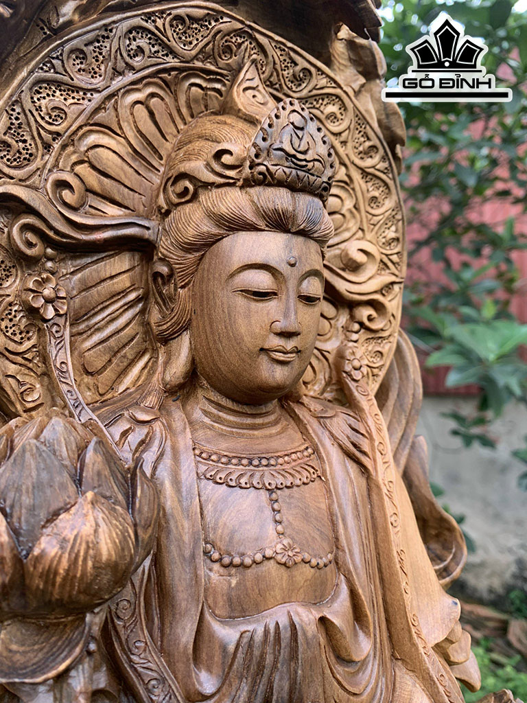 Tượng Phật Bà Quan Âm Gỗ Bách Xanh Cao 90 Ngang 47 Sâu 28 (cm)