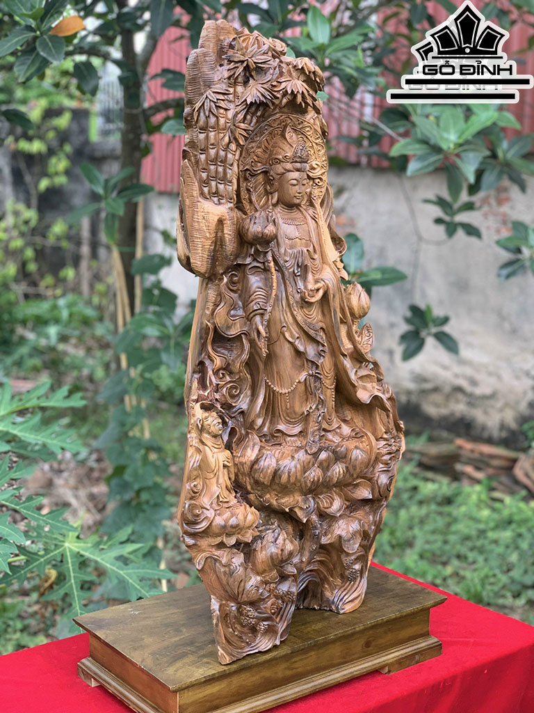 Tượng Phật Bà Quan Âm Gỗ Bách Xanh Cao 90 Ngang 47 Sâu 28 (cm)