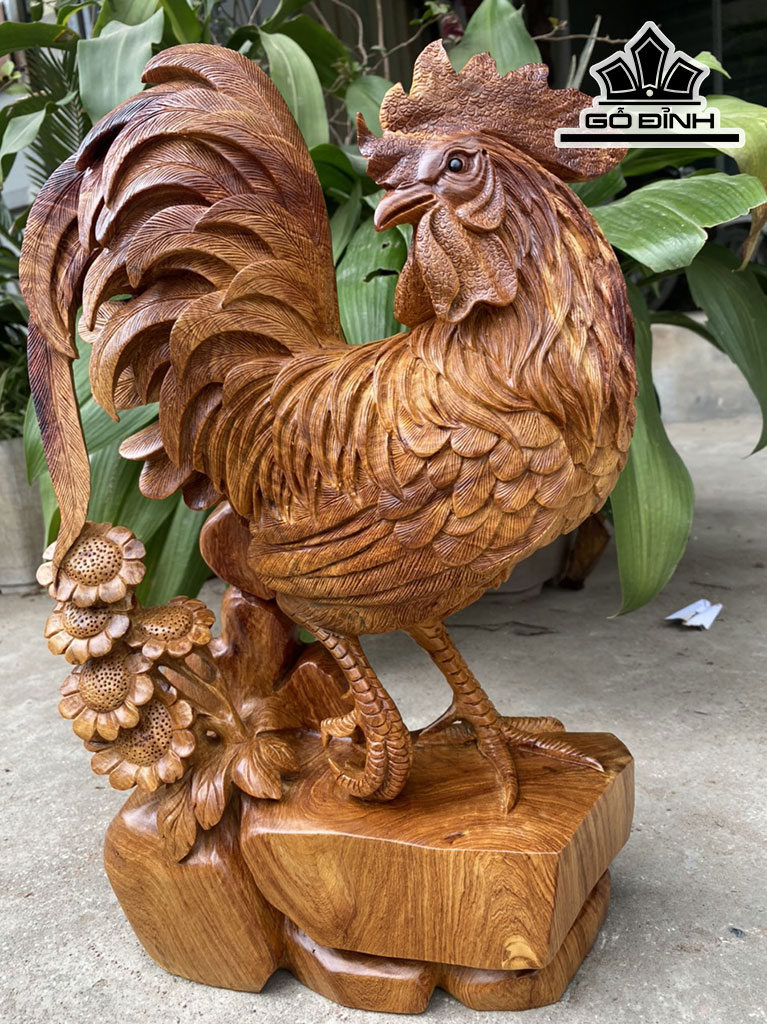 Tượng Gà Trống Gỗ Hương Cao 45 Ngang 28 Sâu 12 (cm)