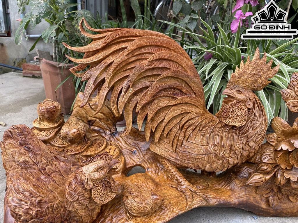 Tượng Gia Đình Gà Gỗ Hương Cao 39 Ngang 73 Sâu 28 (cm)
