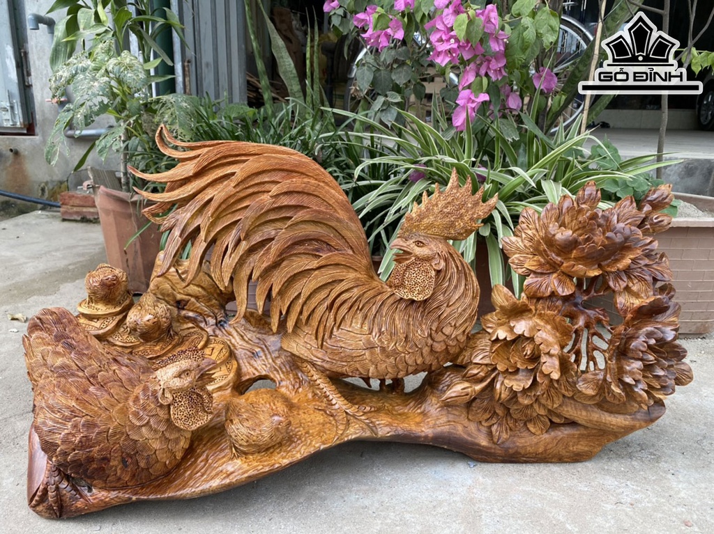 Tượng Gia Đình Gà Gỗ Hương Cao 39 Ngang 73 Sâu 28 (cm)