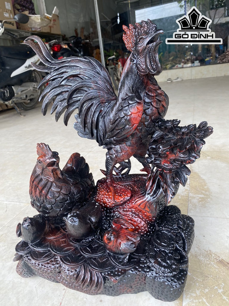 Tượng Gia Đình Gà Gỗ Trắc Cao 48 Ngang 40 Sâu 23 (cm)