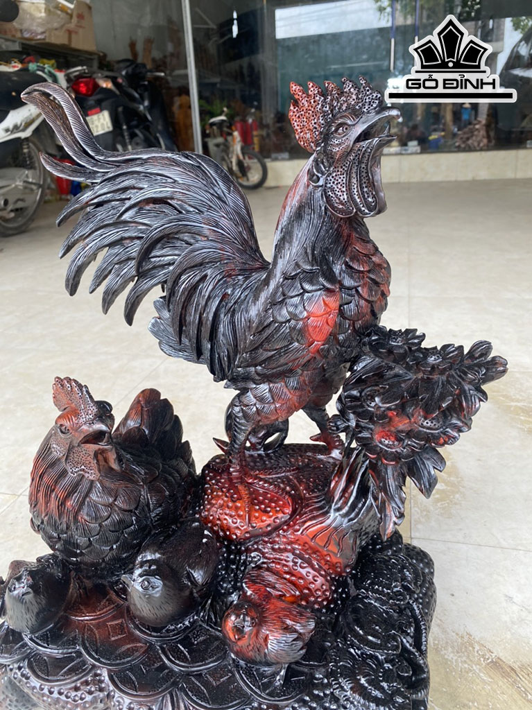 Tượng Gia Đình Gà Gỗ Trắc Cao 48 Ngang 40 Sâu 23 (cm)