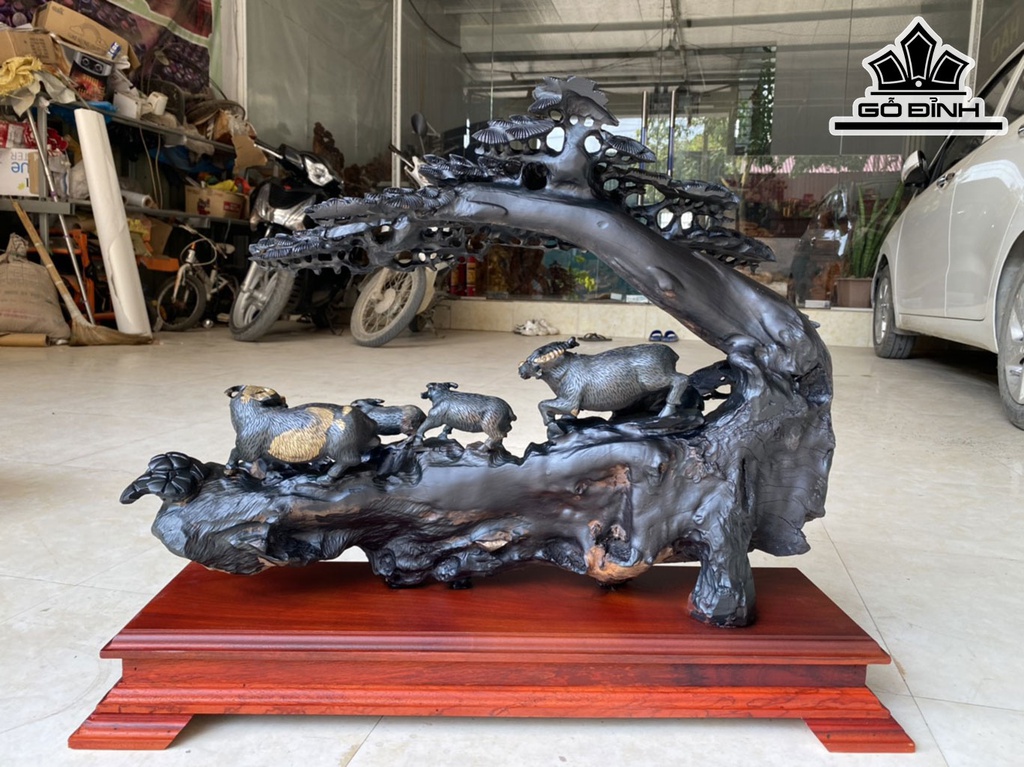 Tượng Gia Đình Trâu Gỗ Mun Sừng Cao 50 Ngang 66 Sâu 20 (cm)