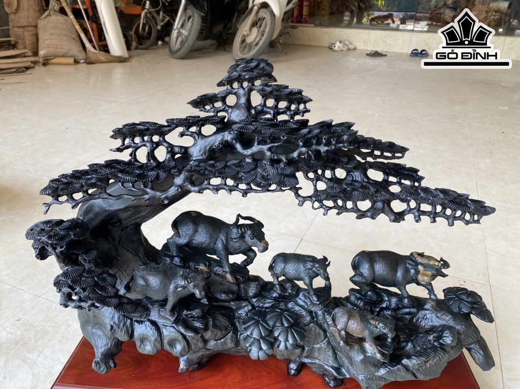 Tượng Gia Đình Trâu Gỗ Mun Sừng Cao 50 Ngang 66 Sâu 20 (cm)