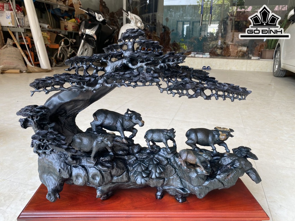 Tượng Gia Đình Trâu Gỗ Mun Sừng Cao 50 Ngang 66 Sâu 20 (cm)