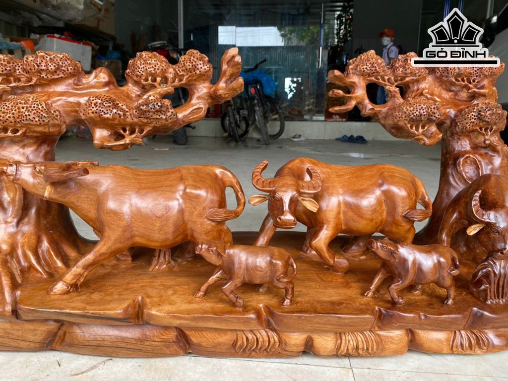 Tượng Gia Đình Trâu Gỗ Ngọc Am Cao 40 Ngang 97 Sâu 26 (cm)