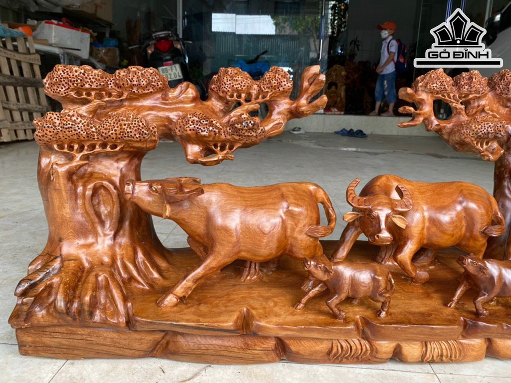 Tượng Gia Đình Trâu Gỗ Ngọc Am Cao 40 Ngang 97 Sâu 26 (cm)