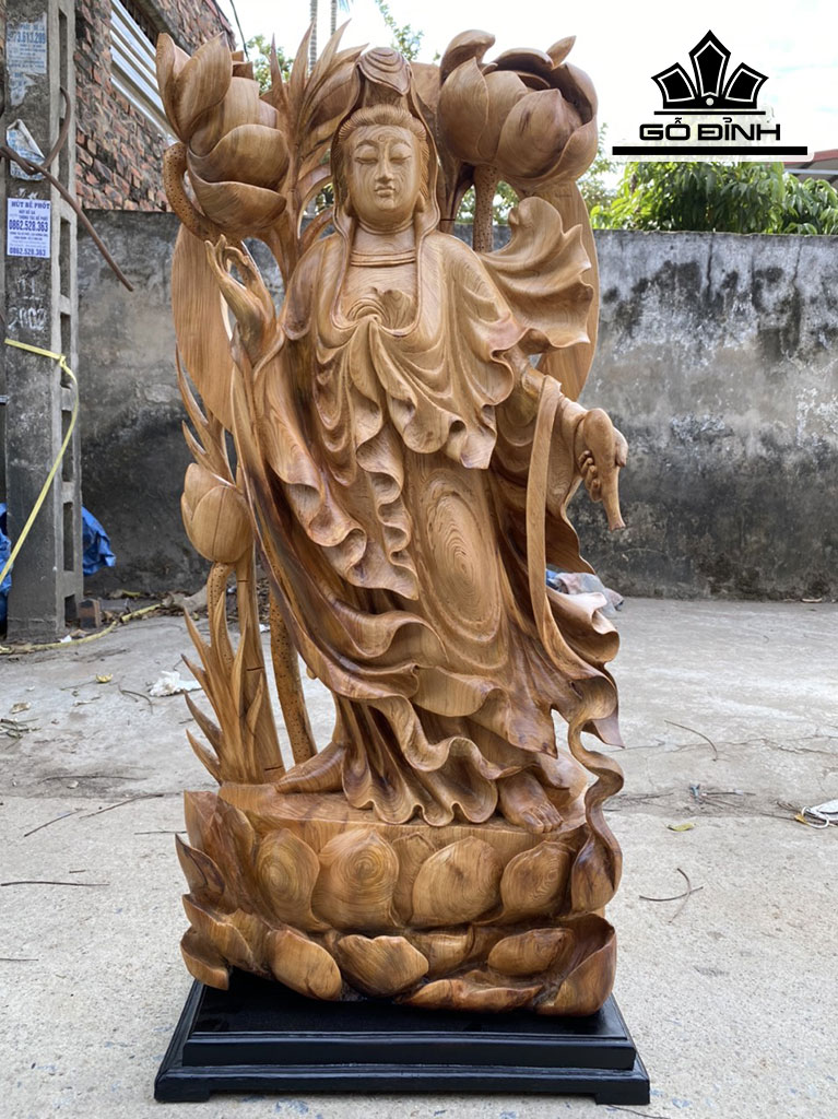 Tượng Phật Bà Quan Âm Gỗ Ngọc Am Cao 100 Ngang 45 Sâu 20 (cm)