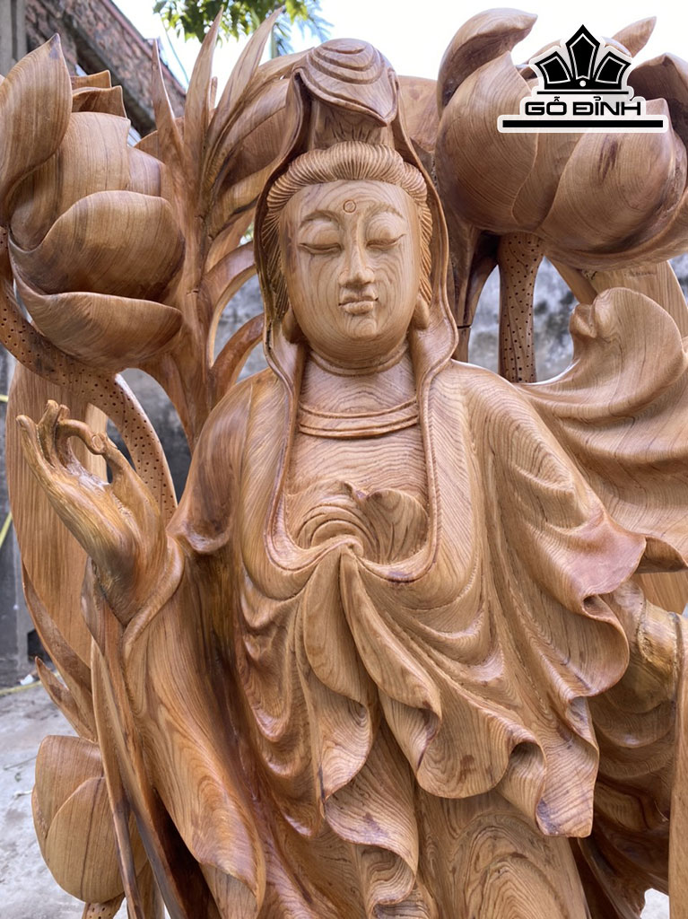 Tượng Phật Bà Quan Âm Gỗ Ngọc Am Cao 100 Ngang 45 Sâu 20 (cm)