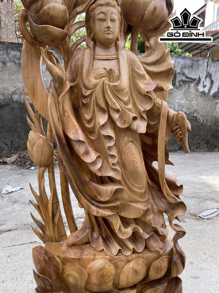 Tượng Phật Bà Quan Âm Gỗ Ngọc Am Cao 100 Ngang 45 Sâu 20 (cm)
