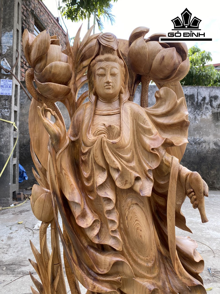 Tượng Phật Bà Quan Âm Gỗ Ngọc Am Cao 100 Ngang 45 Sâu 20 (cm)