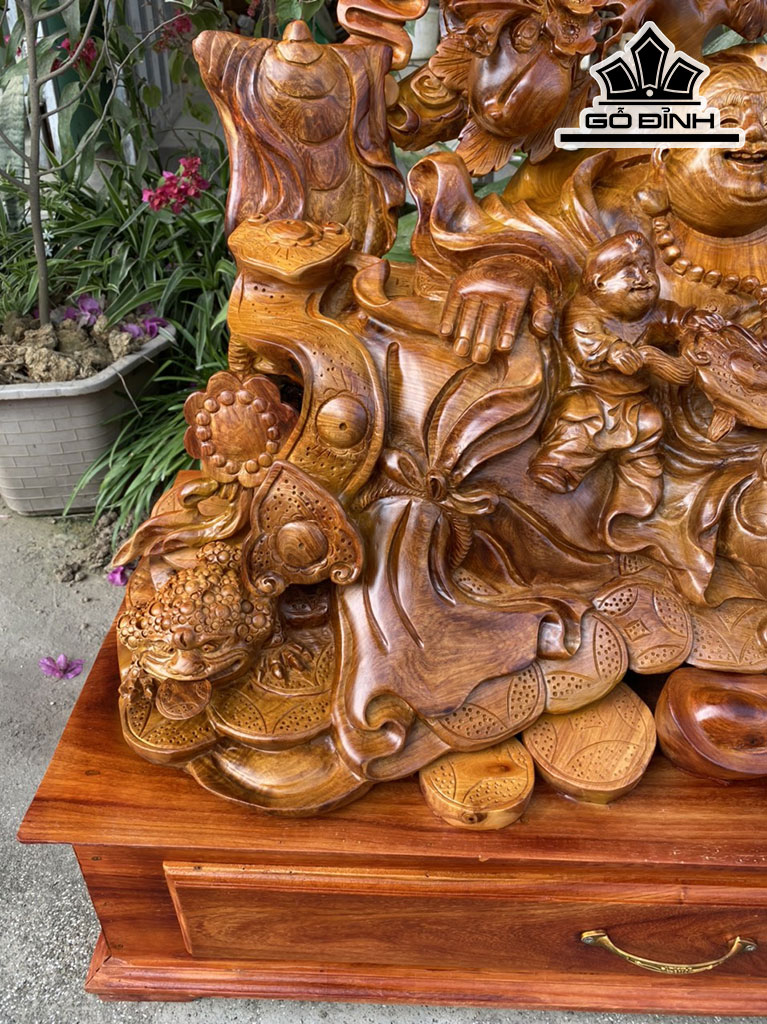 Tượng Phật Di Lặc Ngồi Vác Cành Đào Gỗ Hương Cao 70 Ngang 90 Sâu 45 (cm)
