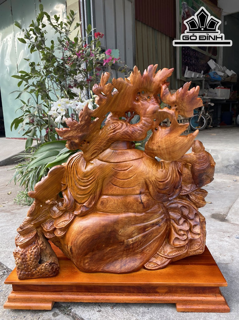 Tượng Phật Di Lặc Ngồi Vác Cành Đào Gỗ Hương Cao 74 Ngang 70 Sâu 30 (cm)