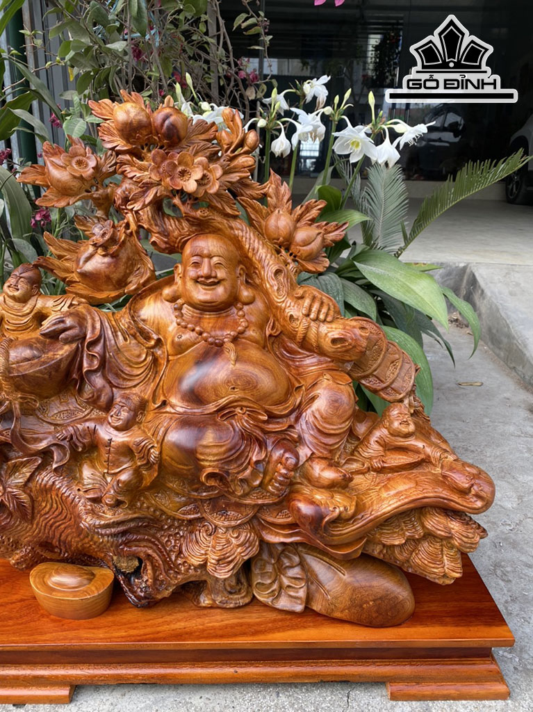 Tượng Phật Di Lặc Ngồi Vác Cành Đào Gỗ Hương Cao 74 Ngang 70 Sâu 30 (cm)