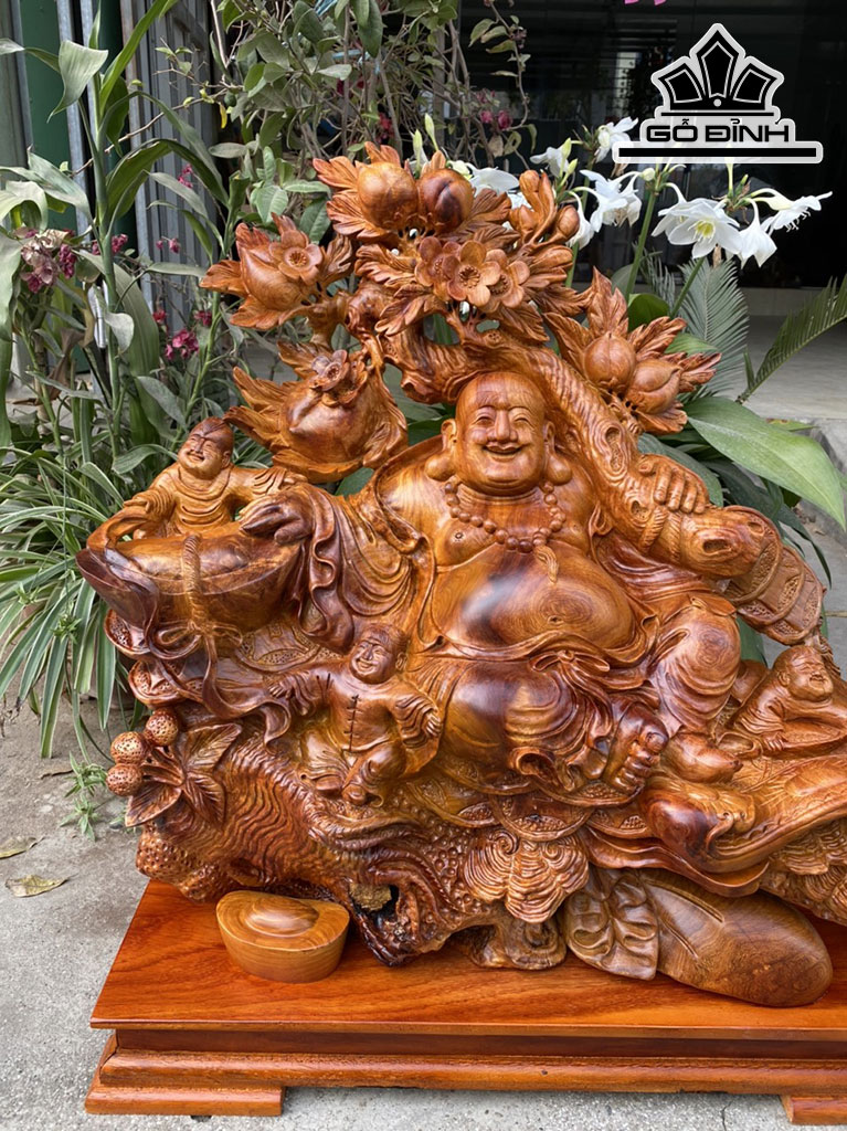 Tượng Phật Di Lặc Ngồi Vác Cành Đào Gỗ Hương Cao 74 Ngang 70 Sâu 30 (cm)