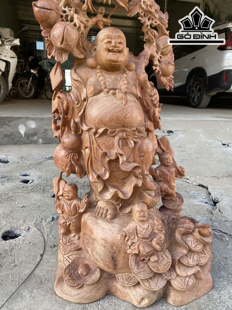 Tượng Phật Di Lặc Vác Cành Đào Gỗ Hương Cao 90 Ngang 50 Sâu 30 (cm)