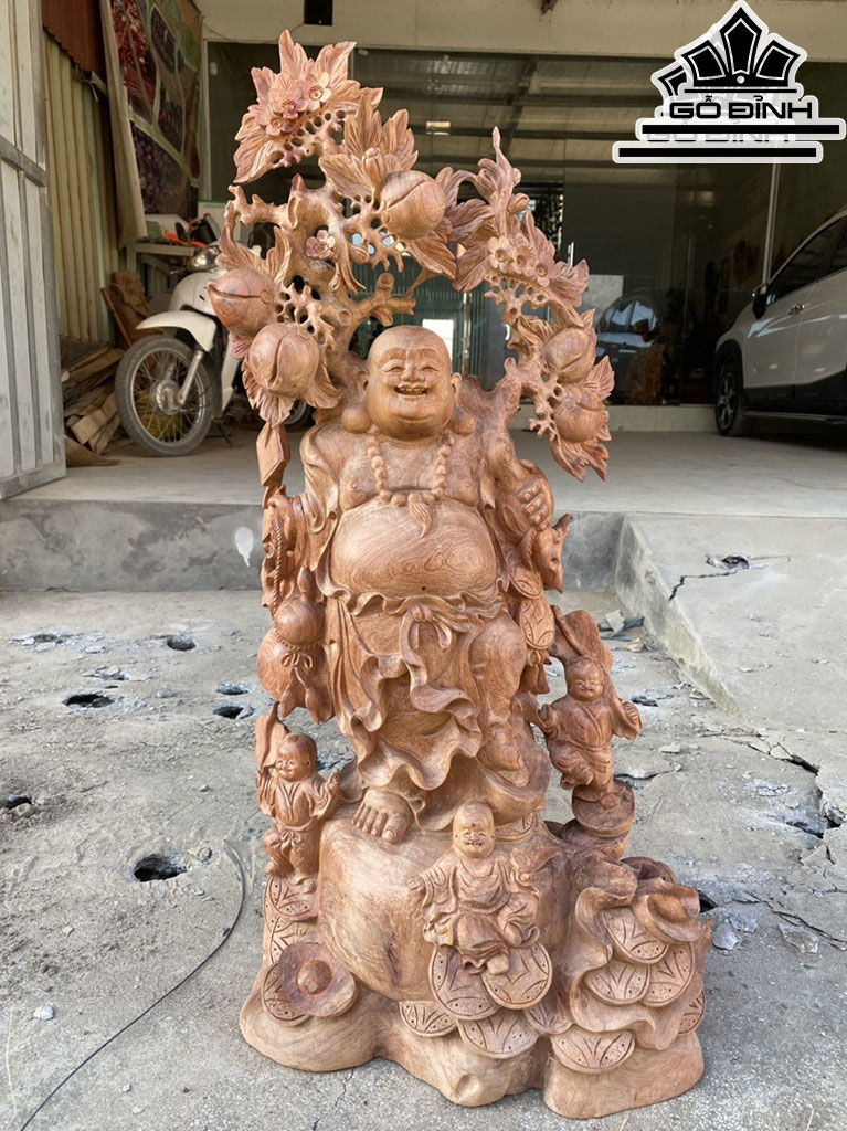 Tượng Phật Di Lặc Vác Cành Đào Gỗ Hương Cao 90 Ngang 50 Sâu 30 (cm)