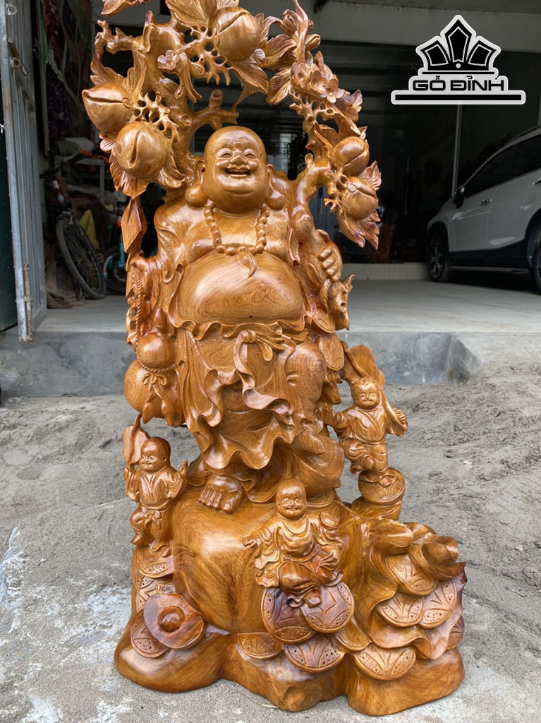 Tượng Phật Di Lặc Vác Cành Đào Gỗ Hương Cao 93 Ngang 45 Sâu 28 (cm)