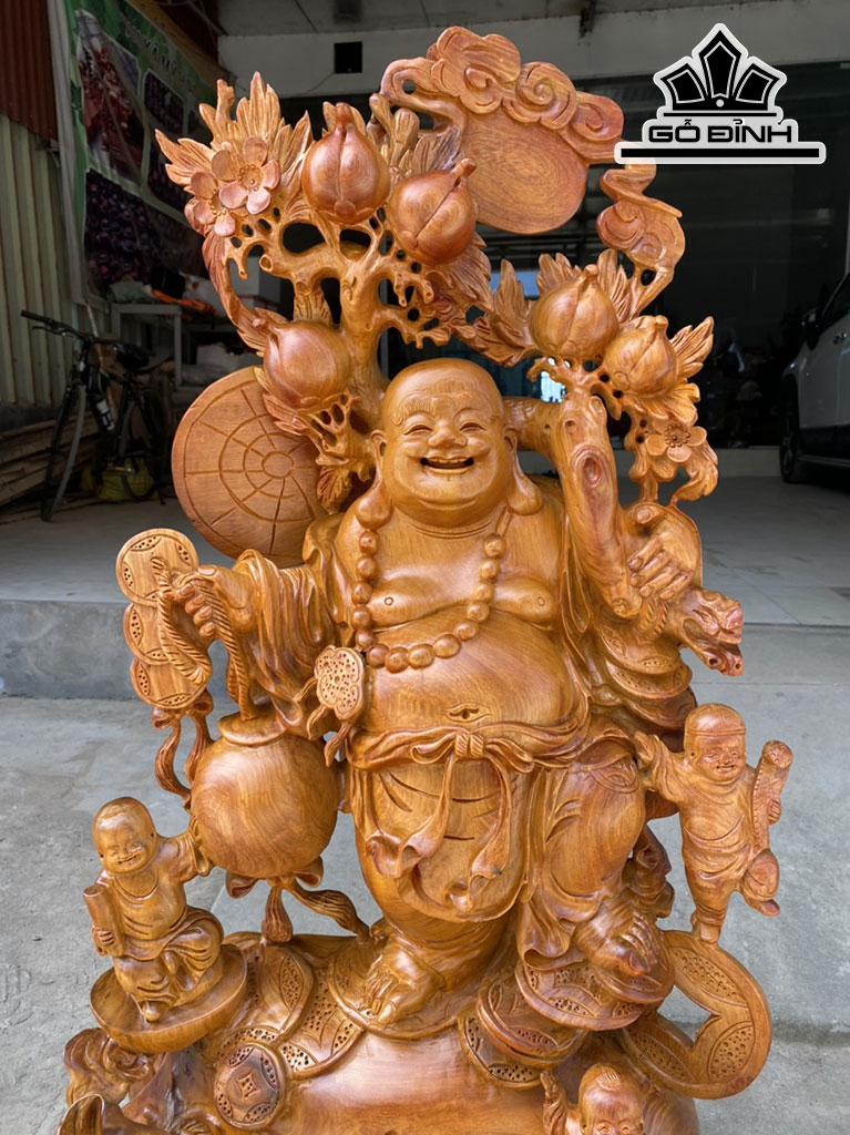 Tượng Phật Di Lặc Vác Cành Đào Gỗ Hương Cao 97 Ngang 55 Sâu 30 (cm)