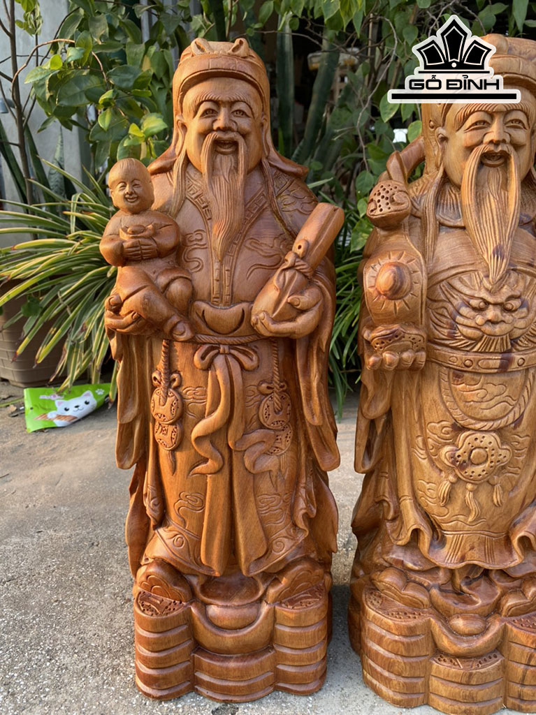 Tượng Phúc Lộc Thọ (Tam Đa) Gỗ Ngọc Am Cao 48 Ngang 16 Sâu 12 (cm)
