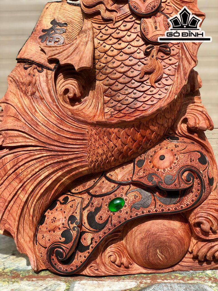 Tượng Tiểu Đồng Cưỡi Cá Chép Gỗ Hương Cao 60 Ngang 40 Sâu 17 (cm)