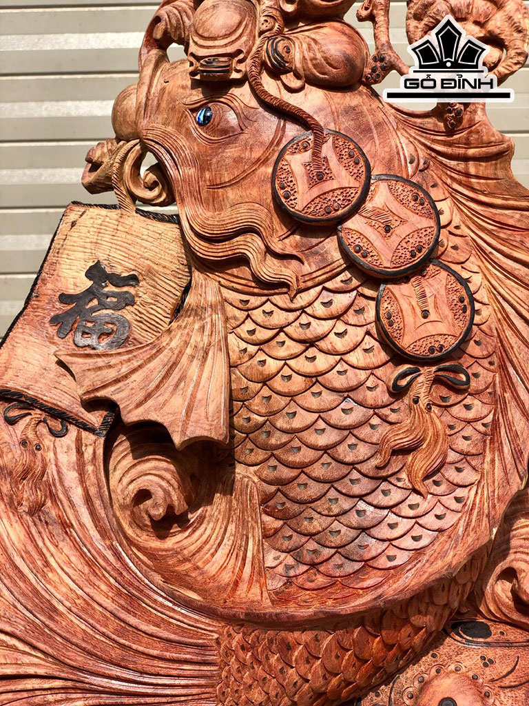 Tượng Tiểu Đồng Cưỡi Cá Chép Gỗ Hương Cao 60 Ngang 40 Sâu 17 (cm)