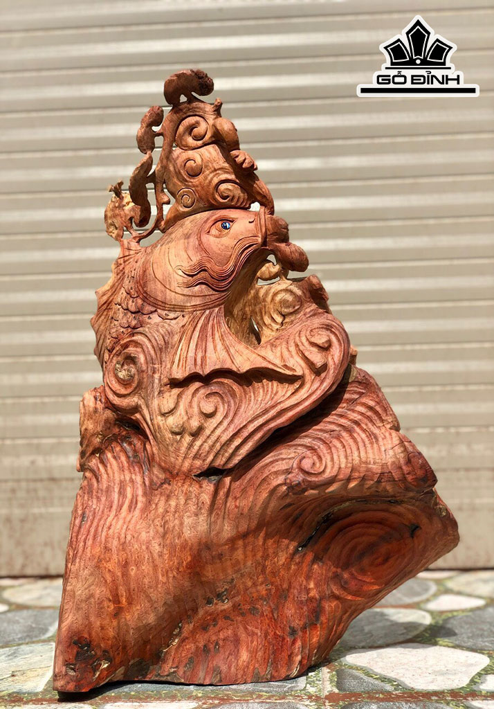 Tượng Tiểu Đồng Cưỡi Cá Chép Gỗ Hương Cao 60 Ngang 40 Sâu 17 (cm)